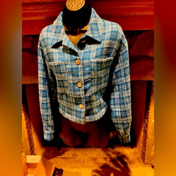 ZARA BLUE TWEED CROPPED LONG SLEEVE RHINESTONE BUTTON OVERSIZED JACKET SZ. L - Picture 6 of 15